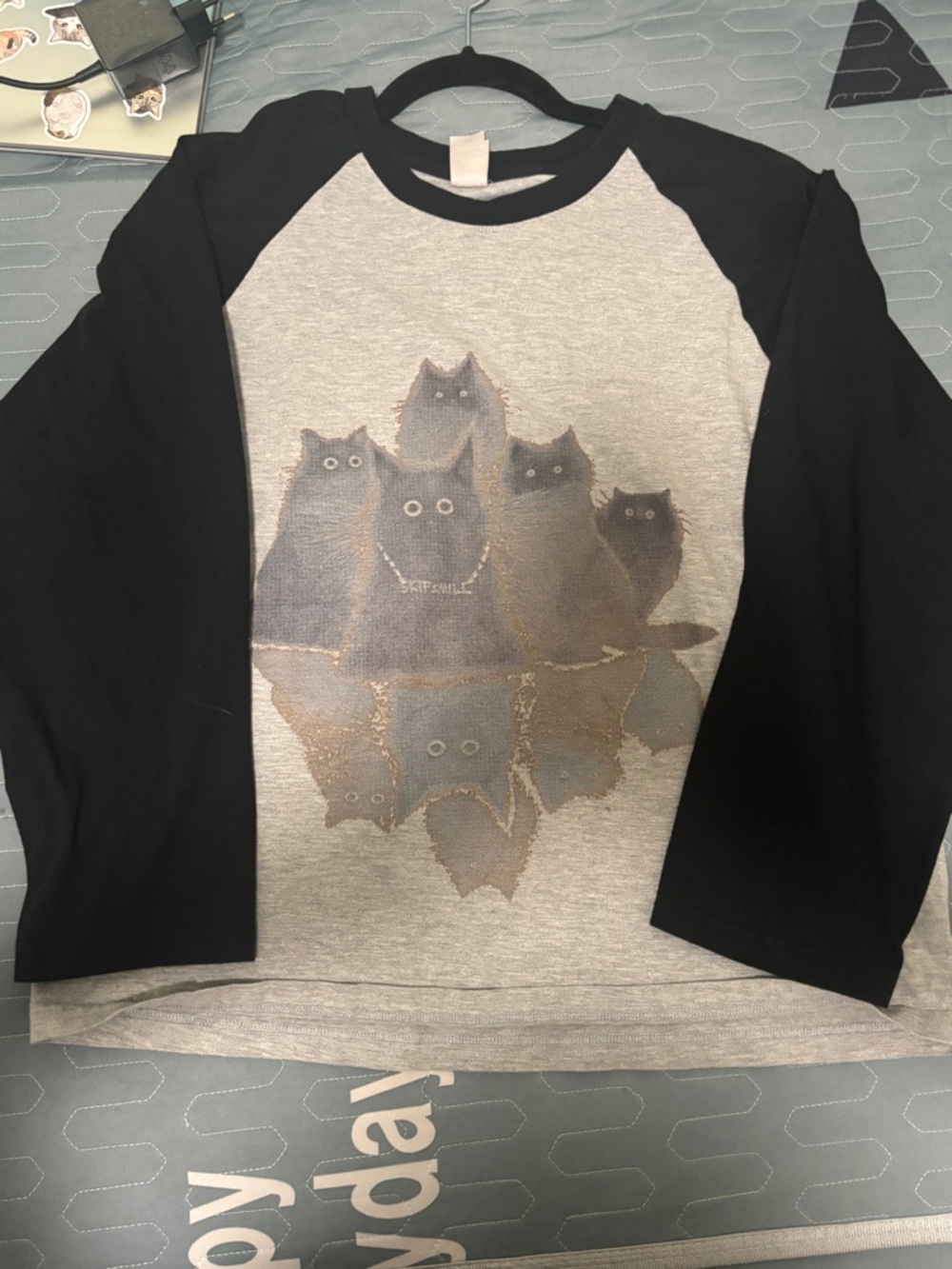 Kids Raglan Long-Sleeve Tee with Cat Group Graphic - Black & Heather Gray